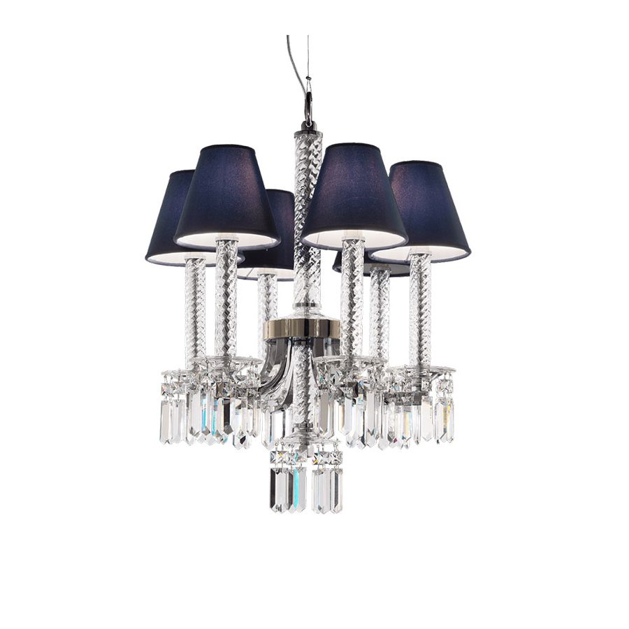 Chandelier / Light Gold – Chrome finish / SW®E Transparent pendants / Raso-blue fabric lampshades