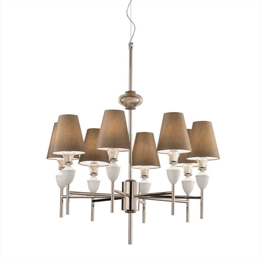 Chandelier / Shiny nickel finish / Teak glass / Dove fabric lampshades