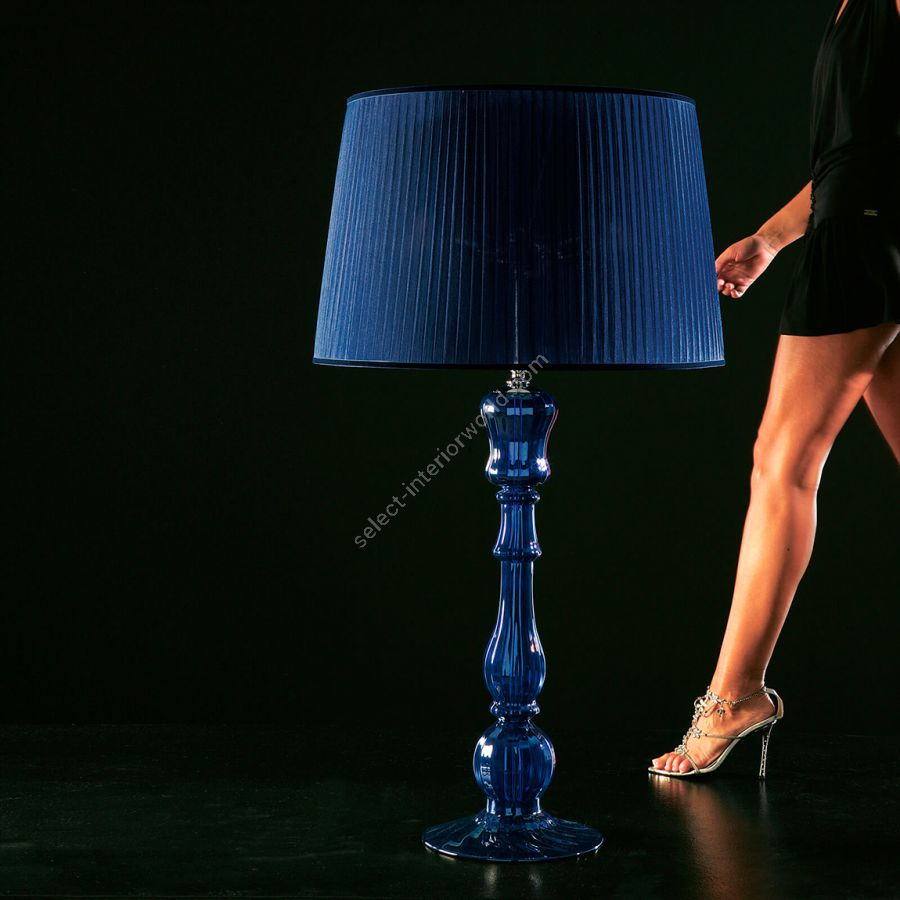 Floor led lamp / Chrome finish / Blue glass / Organza-blue lampshade