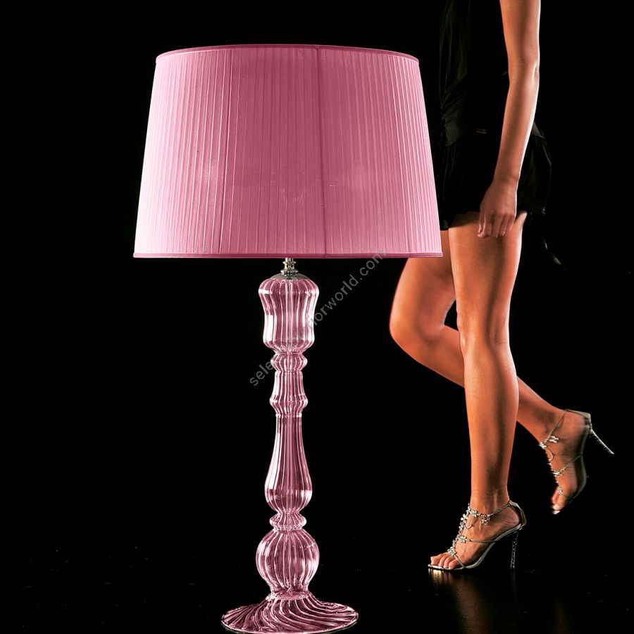 Floor led lamp / Chrome finish / Pink glass / Organza-lilac lampshade