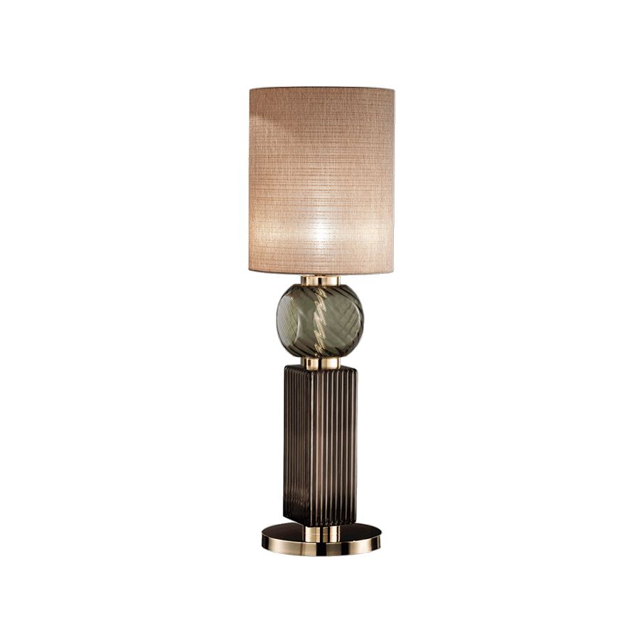 Floor lamp / Light Gold finish / Green Ruled glass / Brown lampshade