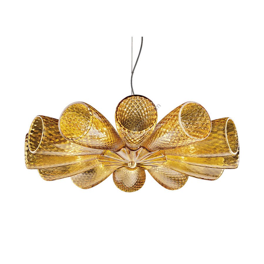 Suspension lamp / Shiny Gold finish / Amber glass / 12 lights (cm.: 114 x 80 x 80 / inch: 44.88" x 31.5" x 31.5")