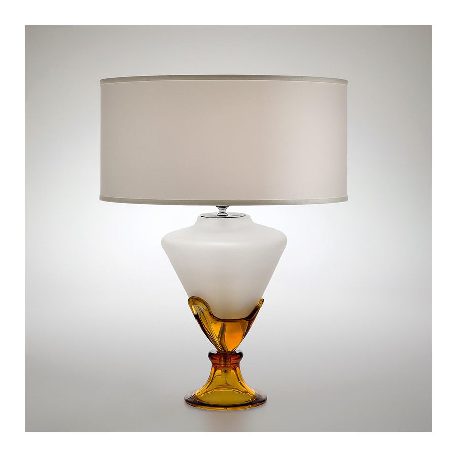 Table lamp / Shiny Nickel finish / Amber glass / Ponge-ivory fabric lampshade
