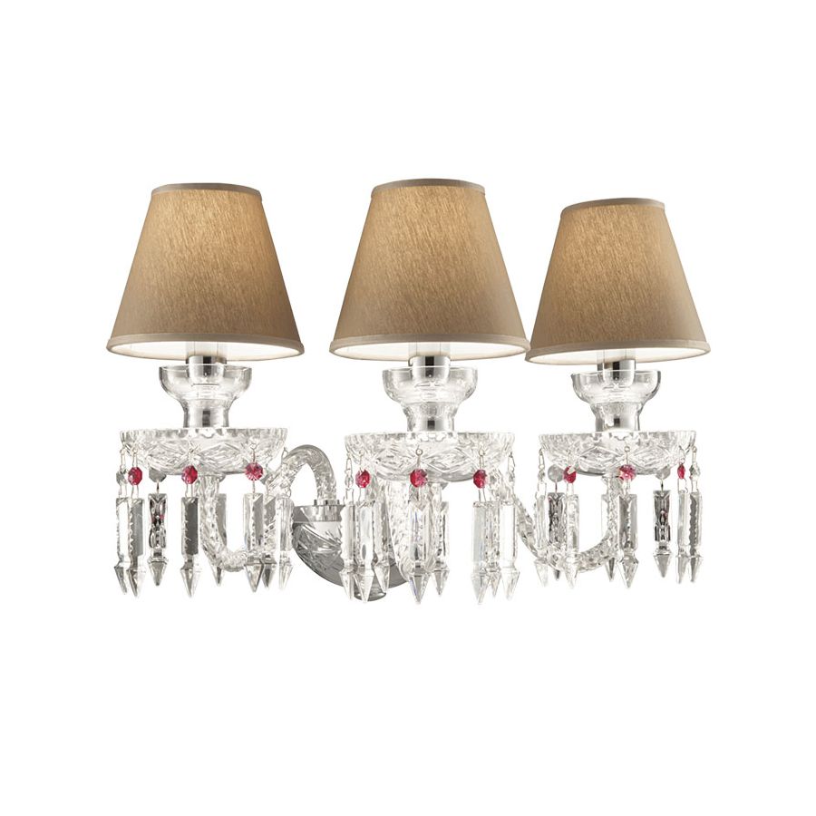 Chrome finish / Transparent glass / SW®E Red Bordeaux pendants / Chinette-dove fabric lampshades / 3 lights (cm.: 34 x 42 x 34 / inch.: 13.38" x 16.53" x 13.38")