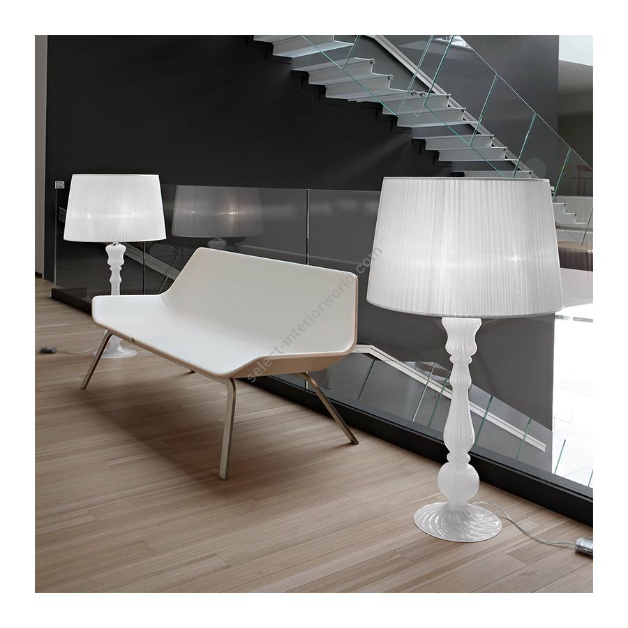 Floor led lamp / Chrome finish / White glass / Organza-white lampshade