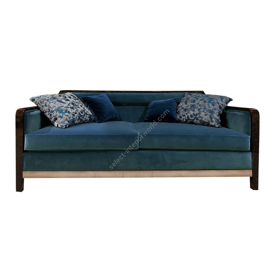 Sofa 2 seater / High gloss and satin wood base / Brushed bronze metal details / Fabric upholstery