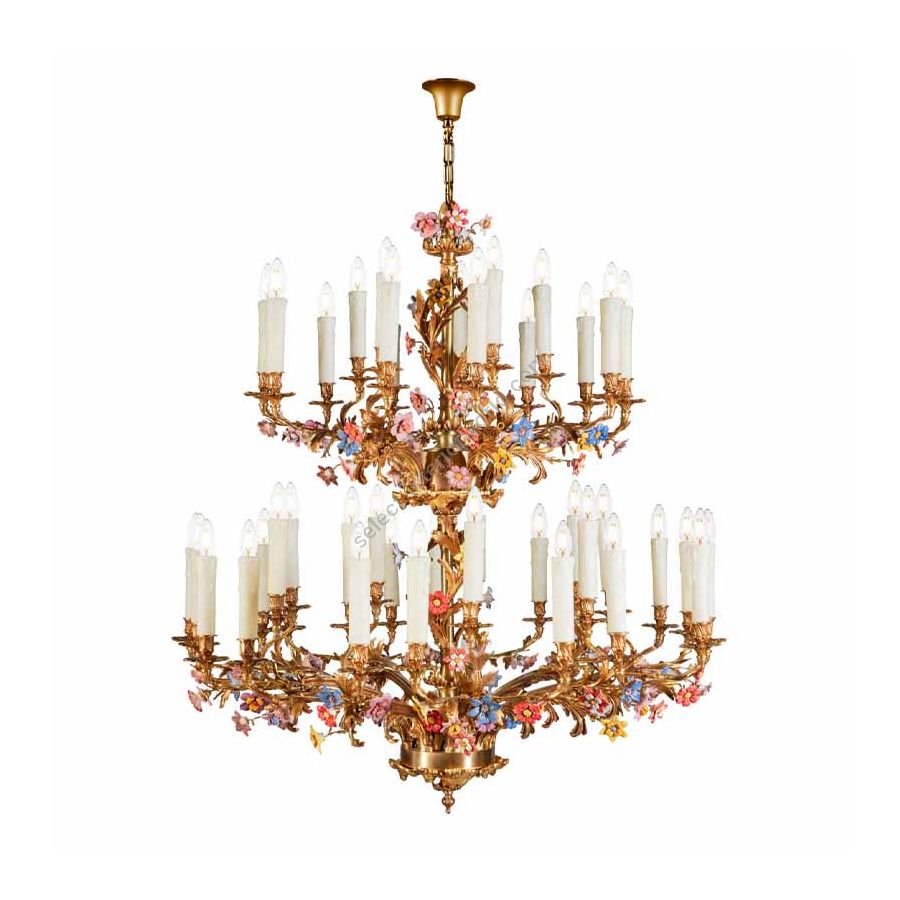Chandelier / French gold finish with ceramic flowers