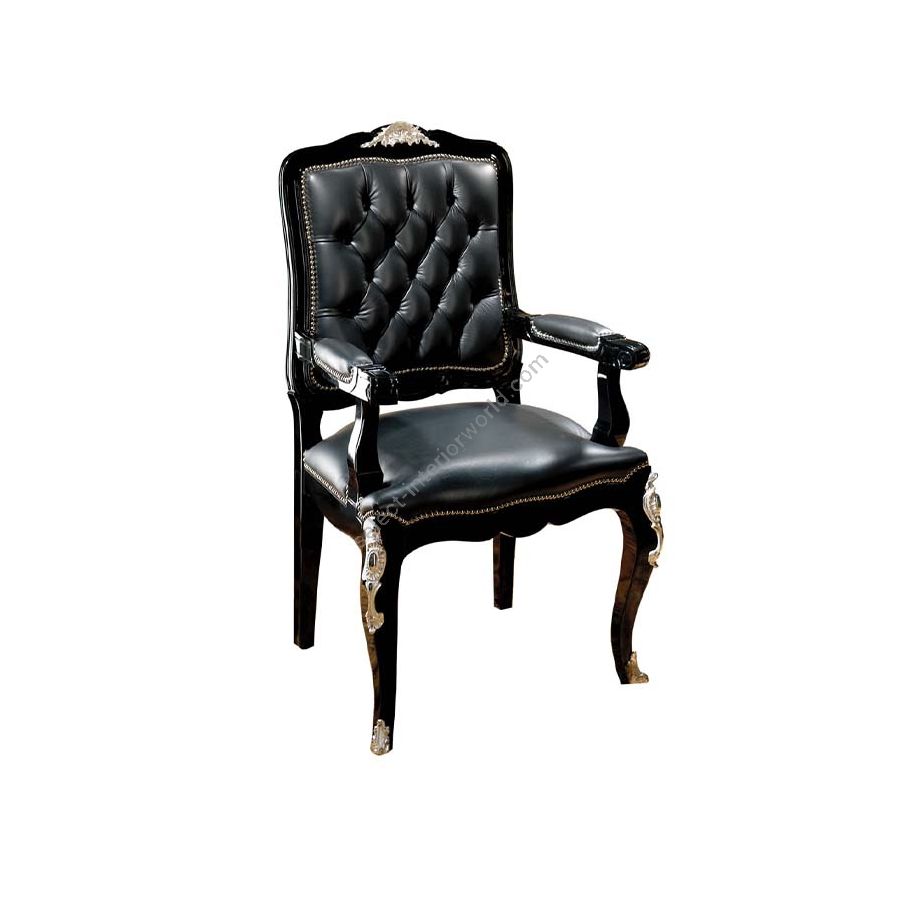 Side chair with arms / Black wood / Antique Silver Plated finish / Leather upholstery