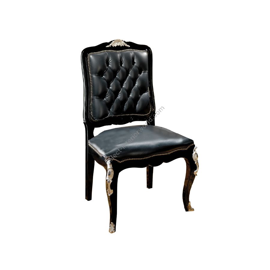 Side chair / Black wood / Antique Silver Plated finish / Black leather upholstery