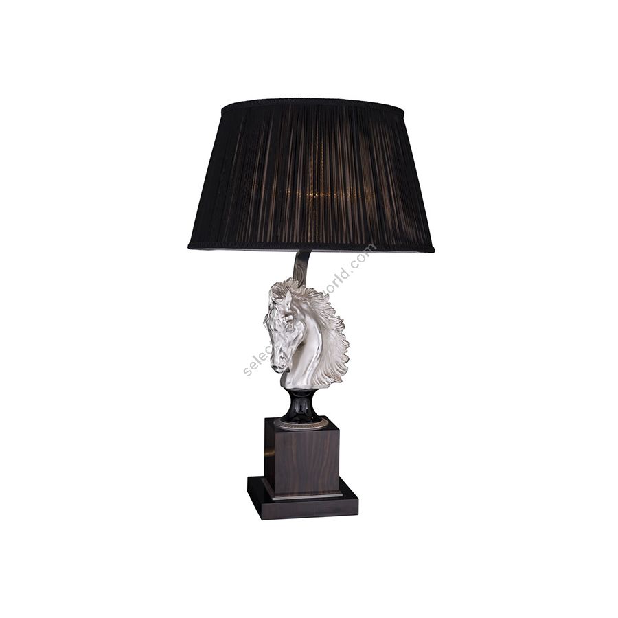 Table lamp / Antique Silver Plated with Polished Black finish / Left position of horse / With Black Pleated lampshade