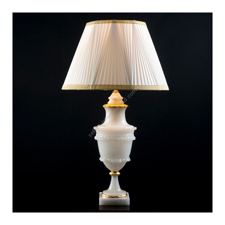 Antique Gold Plated finish / Beige Curb lamp shade / White Alabaster leg