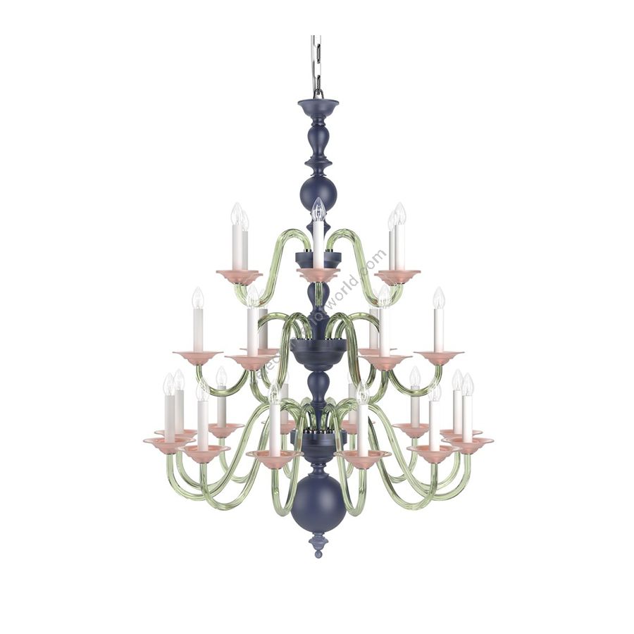 Chrome Finish / Dark Blue Frosted, Green and Rose Frosted color of Glass / 24 lights (cm.: H 131 x W 99 / inch.: H 51.6" x W 39")