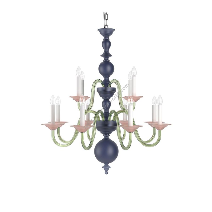 Chrome Finish / Dark Blue Frosted, Green and Rose Frosted color of Glass / 12 lights (cm.: H 98 x W 88 / inch.: H 38.6" x W 34.6")