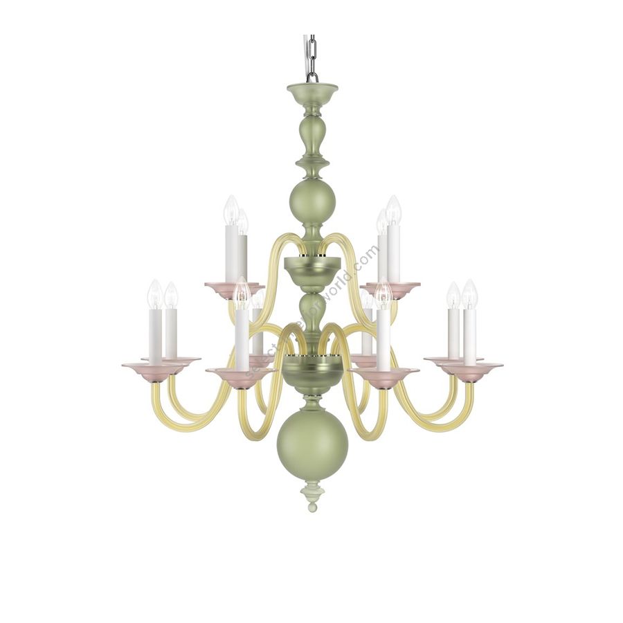 Chrome Finish / Green Frosted, Amber Frosted and Rose Frosted color of Glass / 12 lights (cm.: H 98 x W 88 / inch.: H 38.6" x W 34.6")