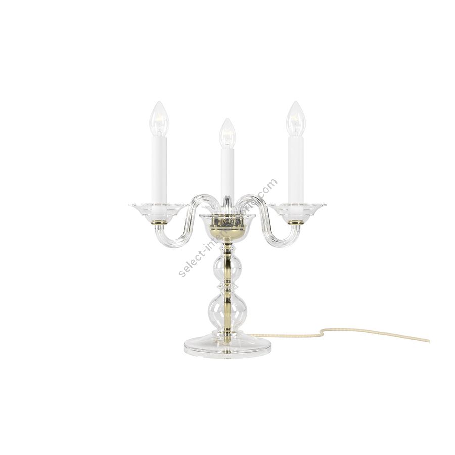 Elegant Table Lamp Three Candles / Polished Brass metal with Crystal glass