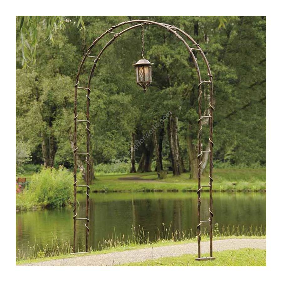 Rose arcade with lamp, handcrafted, wrought iron metal, Patina finish