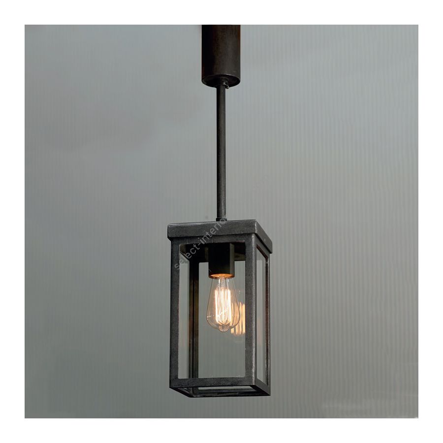 Outdoor suspension lamp, made of clear glass and handcrafted metal, iron nature finish