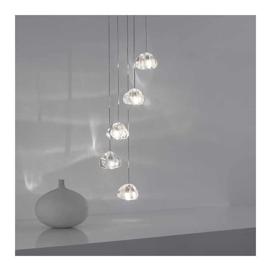 Suspension lamp / With brushed nickel canopy / Clear and Silver dust diffuser / 5 lights (cm.: 190 x 28 x 28 / inch.: 74.8" x 11" x 11")