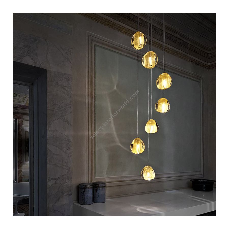 Suspension lamp / With white canopy / Clear and Gold diffuser / 7 lights (cm.: 190 x 31 x 31 / inch.: 74.8" x 12.2" x 12.2")