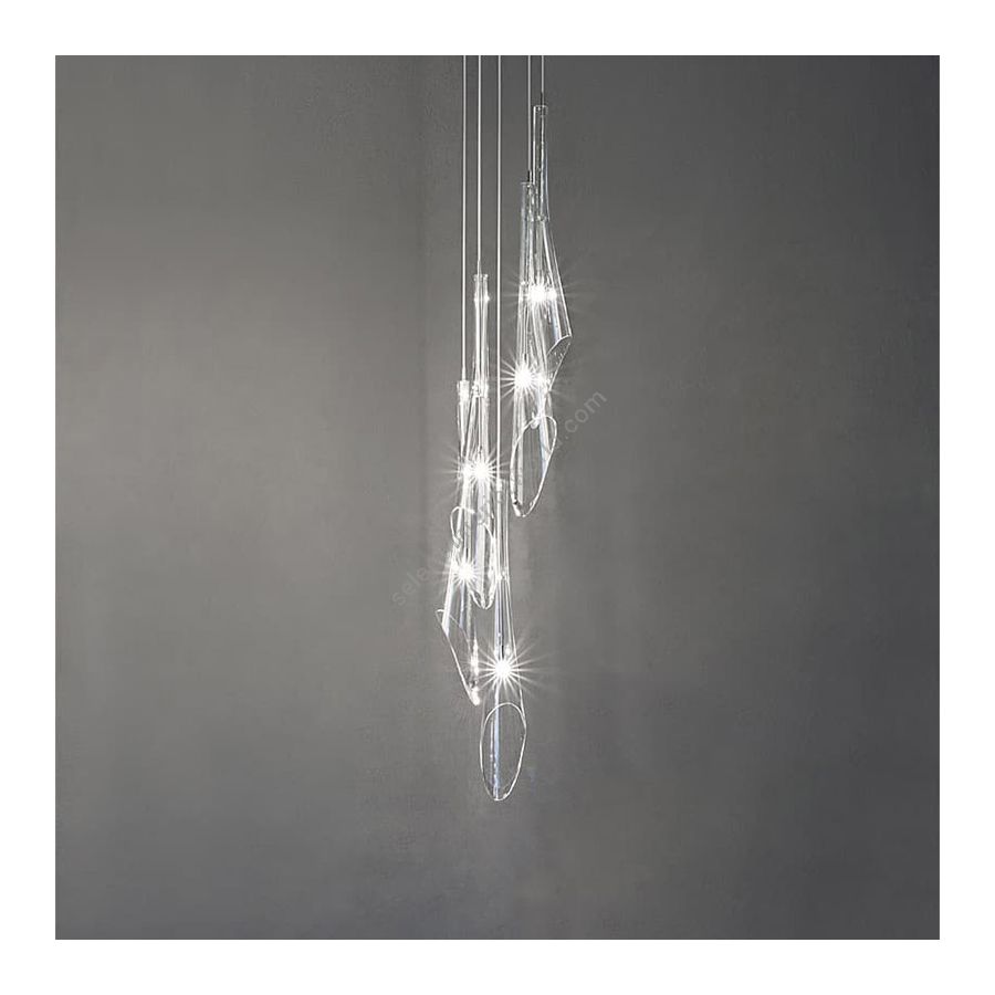 Suspension lamp / Clear crystal diffuser / 5 lights (cm.: 190 x 30 x 30/ inch.: 74.80"  x 11.81" x 11.81")