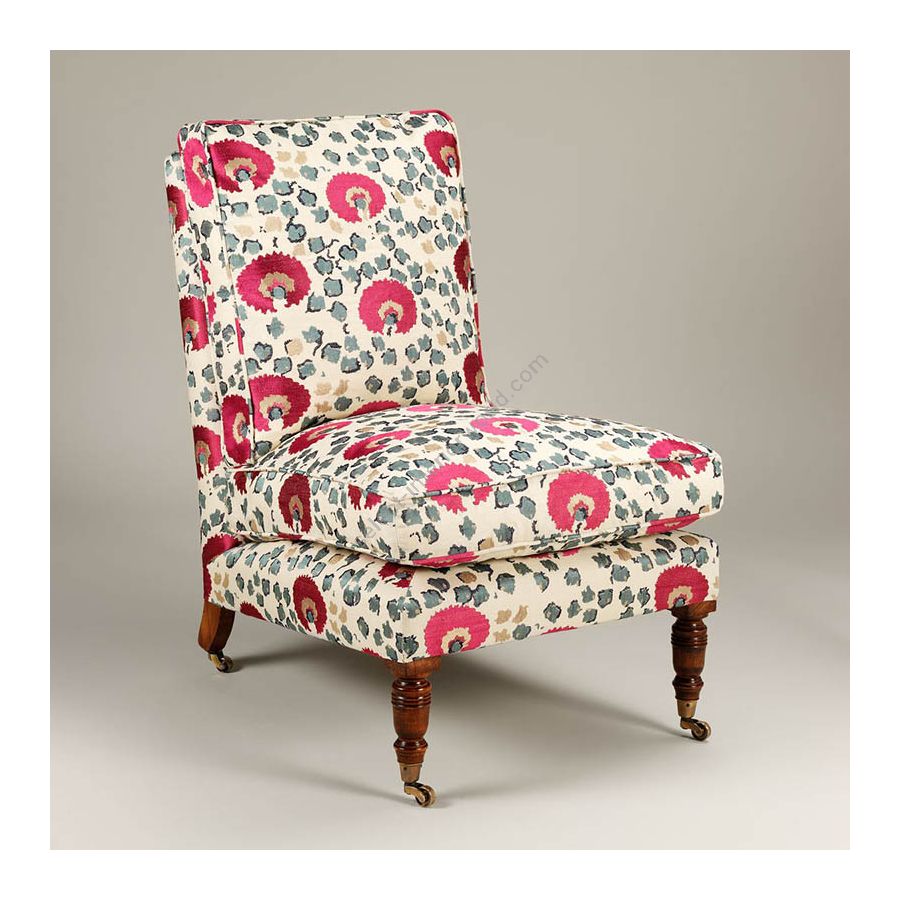 Armchair / Wooden leg / Brass casters / Linen upholstery