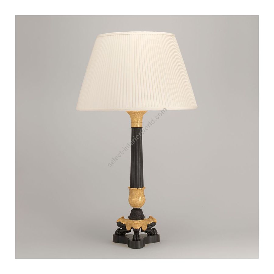 Table lamp / Bronze and Gilt finish / Knife pleat type of lampshade / Cream colour, material silk
