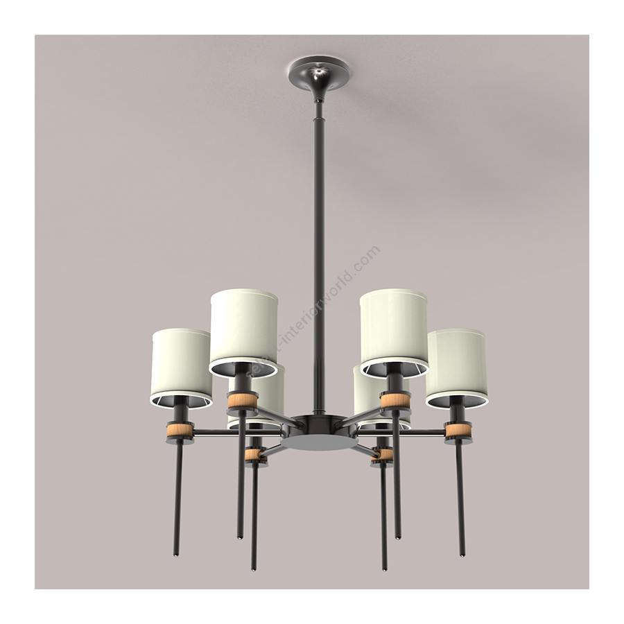 Blackened Brass finish, Insert with Natural Maple / White linen lampshade, 6 lights