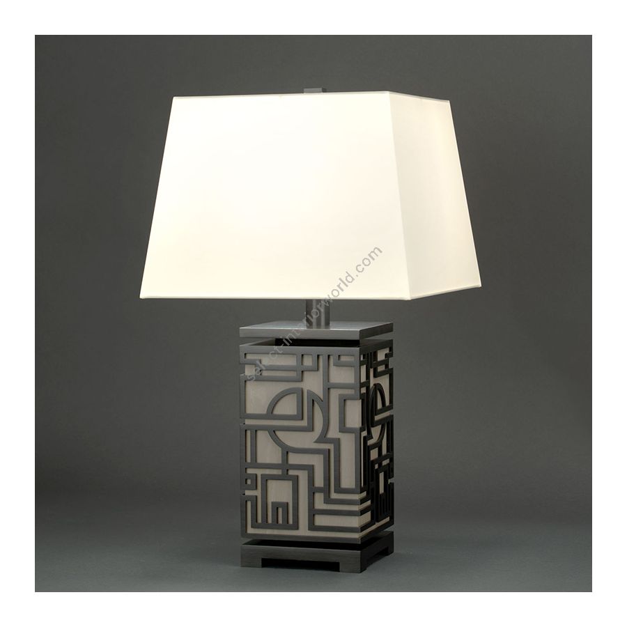 Blackened Brass finish with Grey Cerused Oak wood and Warm White Silk lampshade