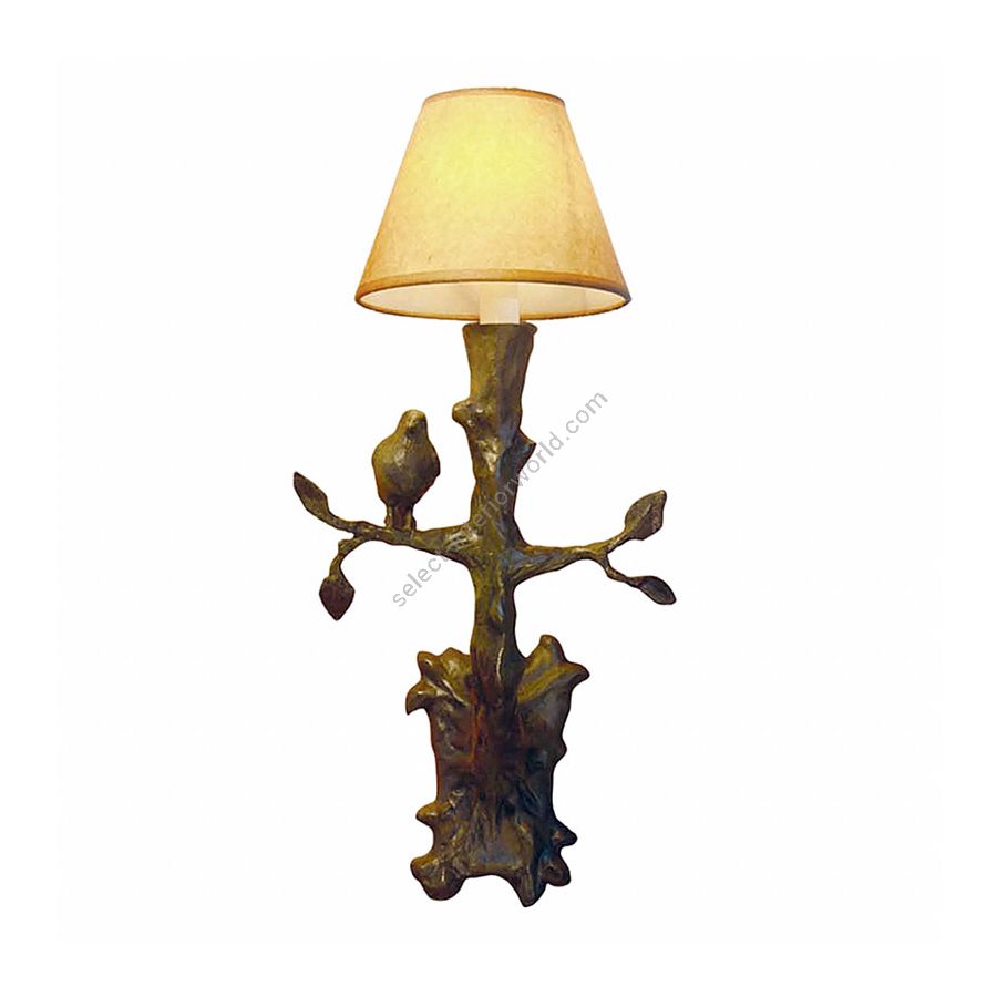 Green and Brown patina finish / Tan paper lamp shade / Bird on left side
