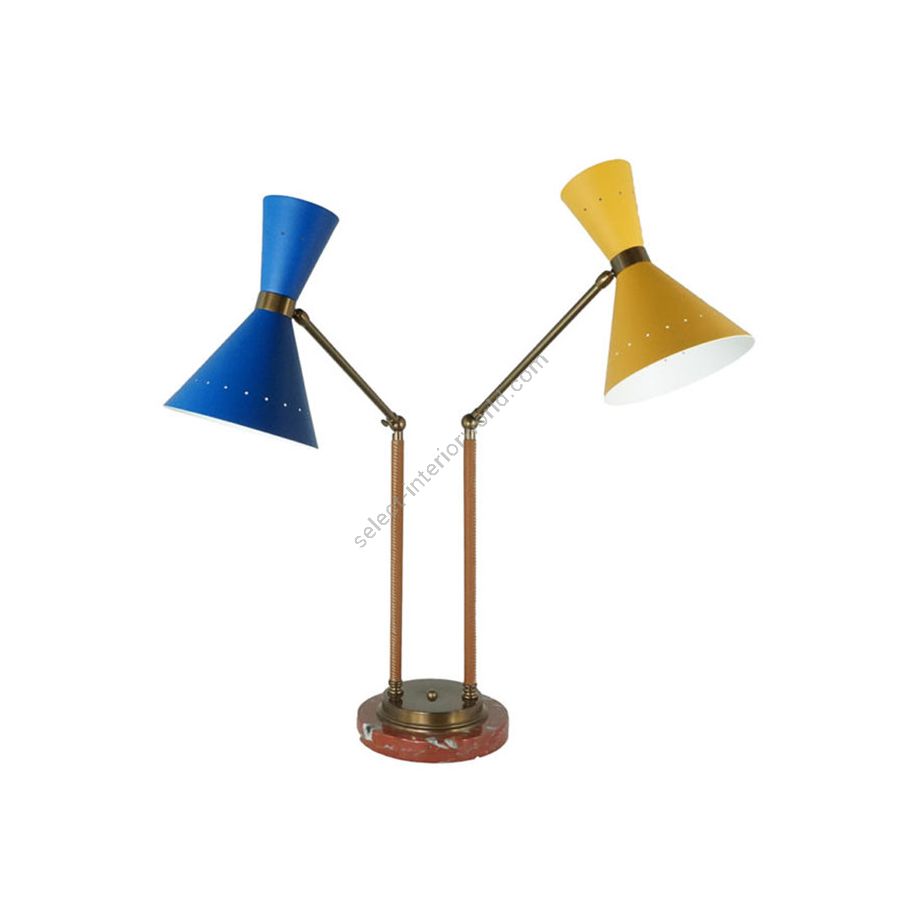 Bronze finish with red marble base / Blue and Yellow metal lampshades