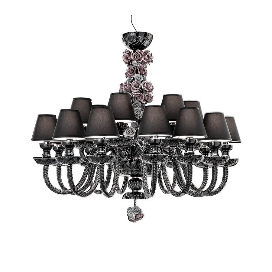 Chandelier / Iron Grey finish / Black glass / Chinette-black fabric lampshades