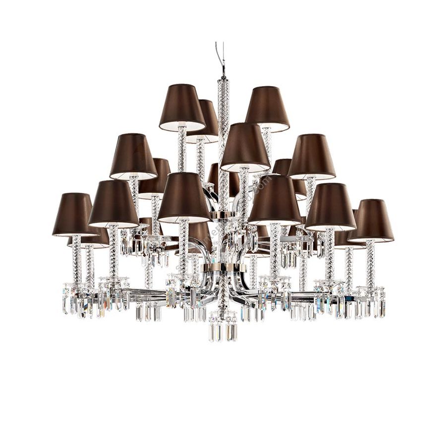 Light Gold and Chrome finish / Transparent glass / SW®E Transparent pendants / Raso-brown fabric lampshades / 21 lights (cm.: 198 x 114 x 114 / inch.: 77.95" x 44.88" x 44.88")