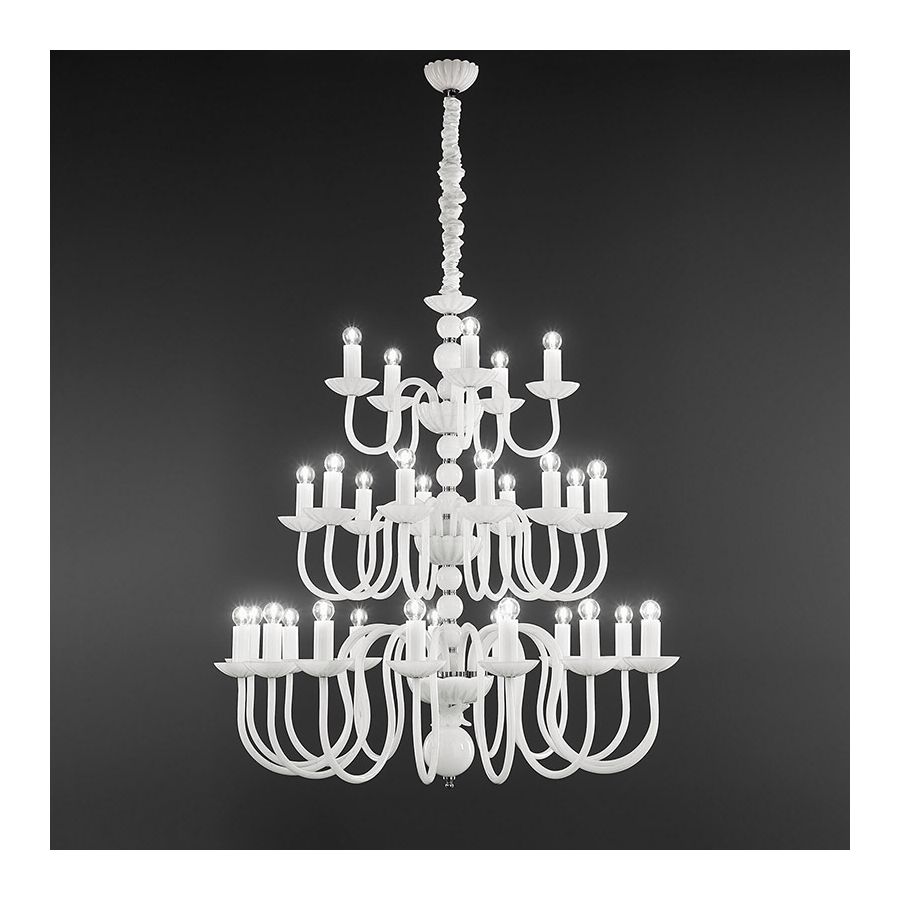 Chandelier / Shiny Nickel finish / White metal glass