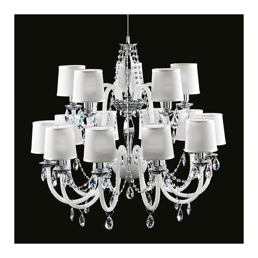 Chrome finish / White glass / SW®E Transparent pendants / Ponge-white fabric lampshades / 15 lights (cm.: 180 x 80 x 80 / inch.: 70.87" x 31.50" x 31.50")