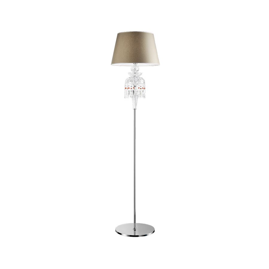 Floor lamp / Chrome finish / Transparent glass / Chinette-dove fabric lampshade / SW®E Red Bordeaux pendants