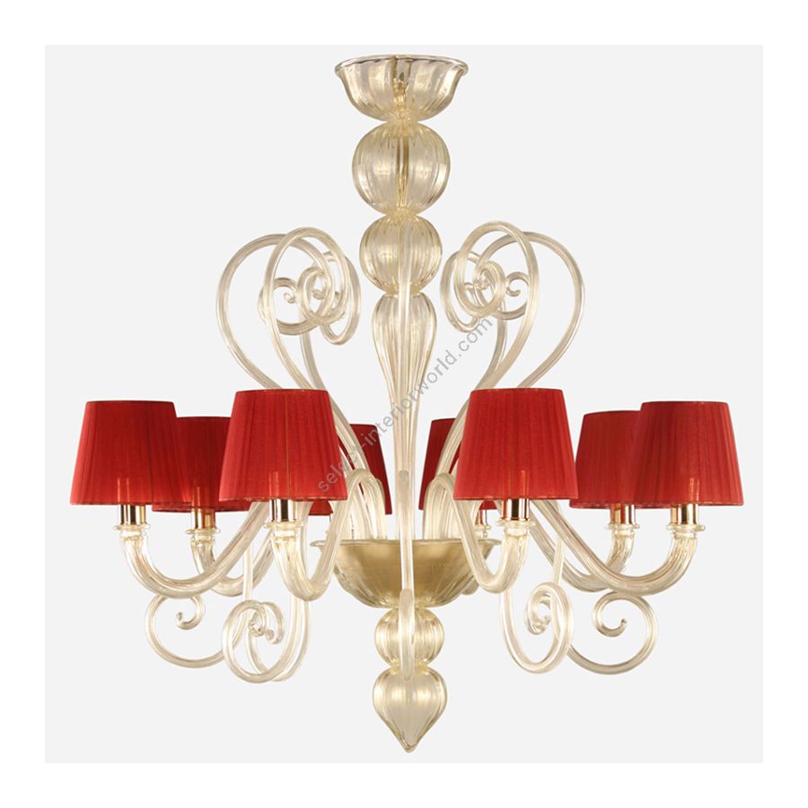 Gold Finish / Gold Glass / Red Lampshade / 8 lights (cm.: 80 x 85 x 85 / inch.: 31.49" x 33.46" x 33.46")