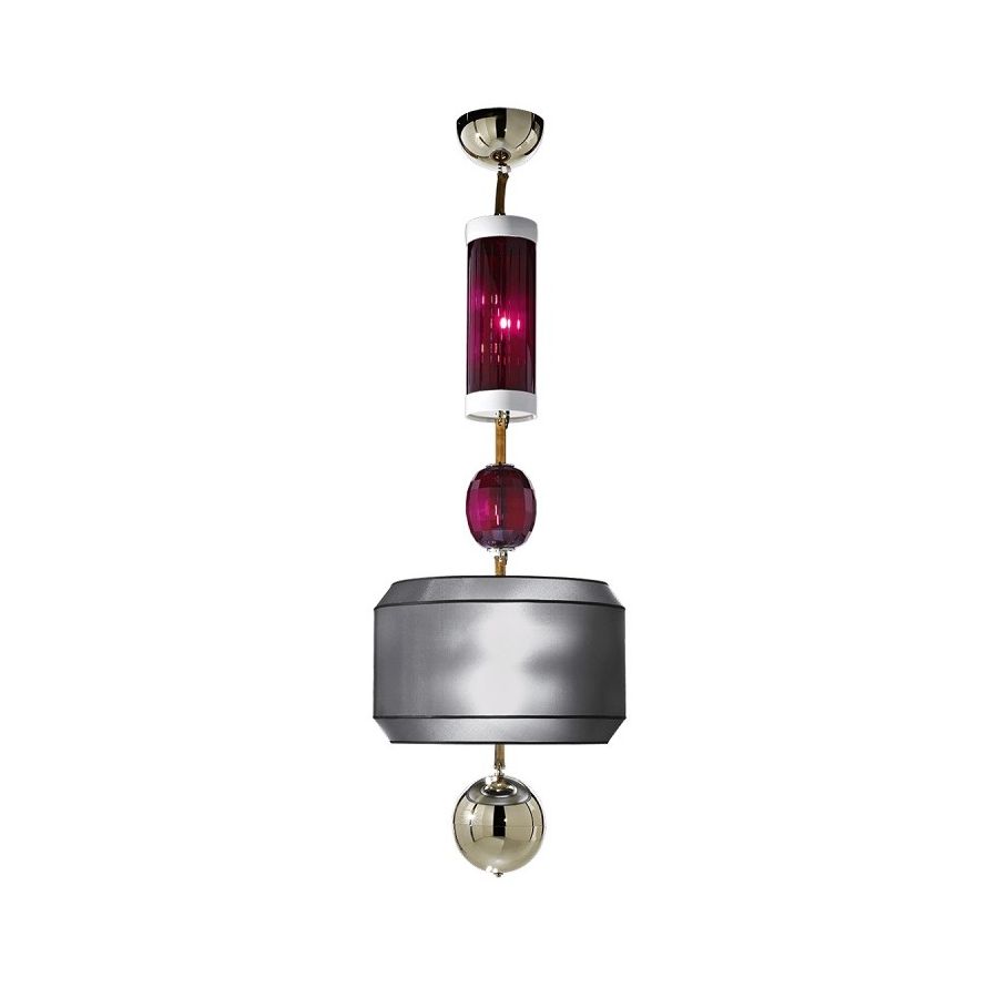Pendant lamp / Shiny Nickel finish / Red crystal glass / White Ceramic details / Dark grey fabric lampshade