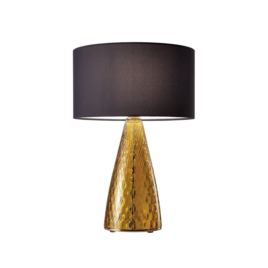 Table lamp / Shiny Gold finish / Amber glass / Ponge-hazel fabric lampshade