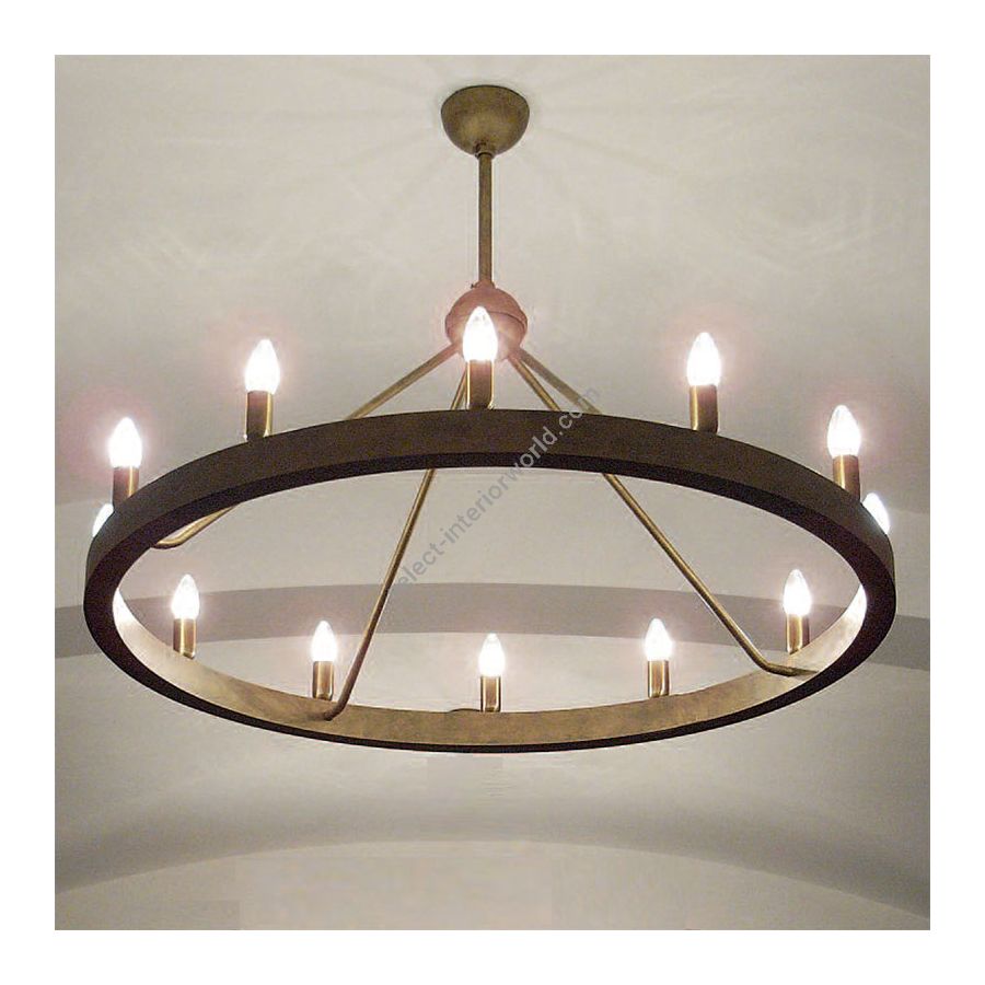 12-lighter suspension lamp of wrought iron with candles, Brass Antique finish