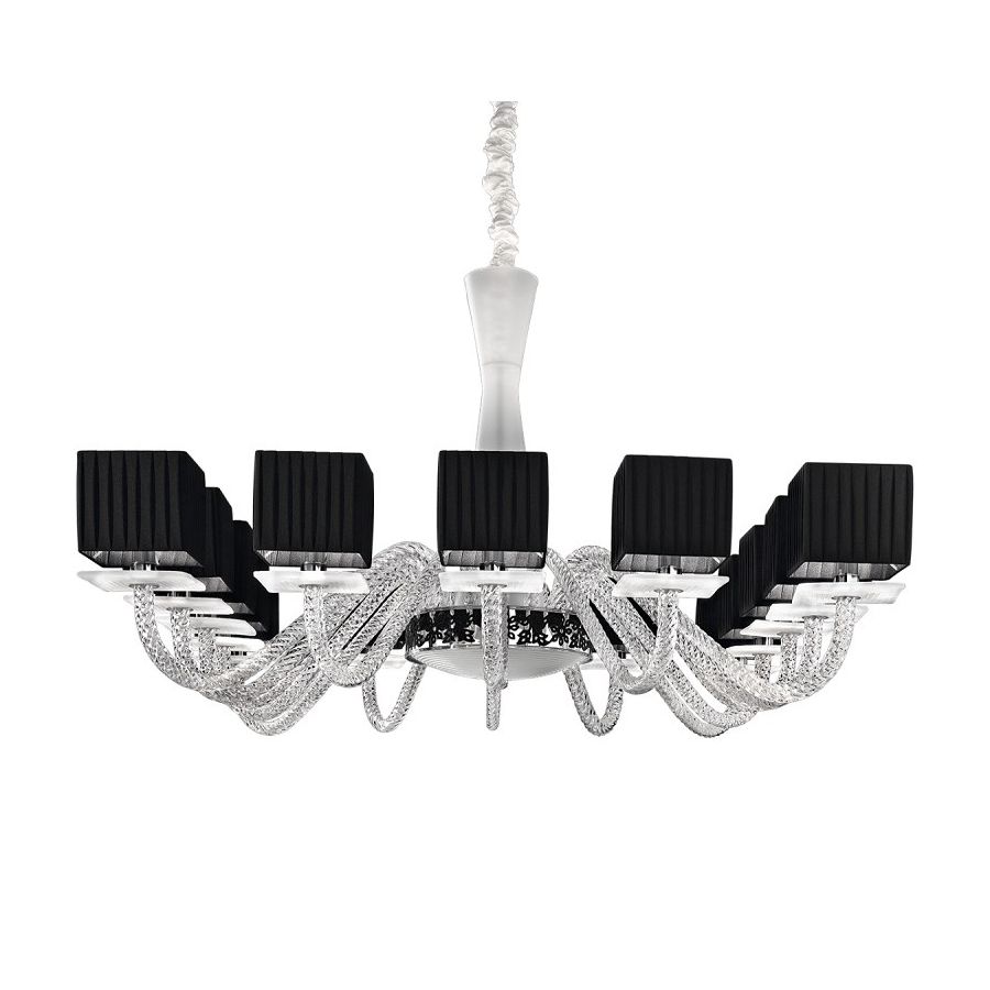 Chandelier / Chrome finish / Plissado-black fabric lampshade / Transparent crystal glass