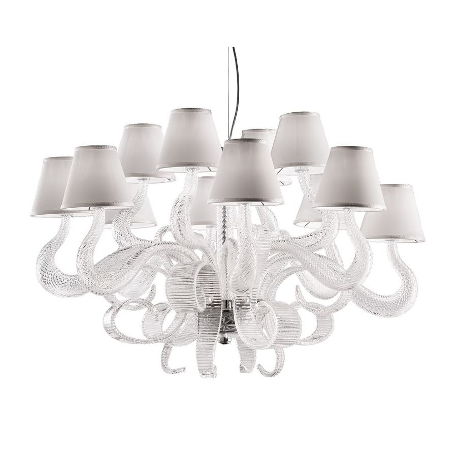 Chandelier / Chrome finish / Transparent glass / Ponge-ivory fabric lampshade / 12 lights (cm.: 154 x 84 x 84 / inch: 60.63" x 33.07" x 33.07")