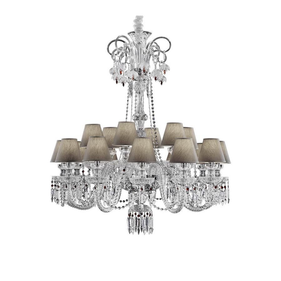 Chrome finish / Transparent glass / SW®E Red Bordeaux pendants / Chinette-dove fabric lampshades / 18 lights (cm.: 210 x 100 x 100 / inch.: 82.67" x 39.37" x 39.37")