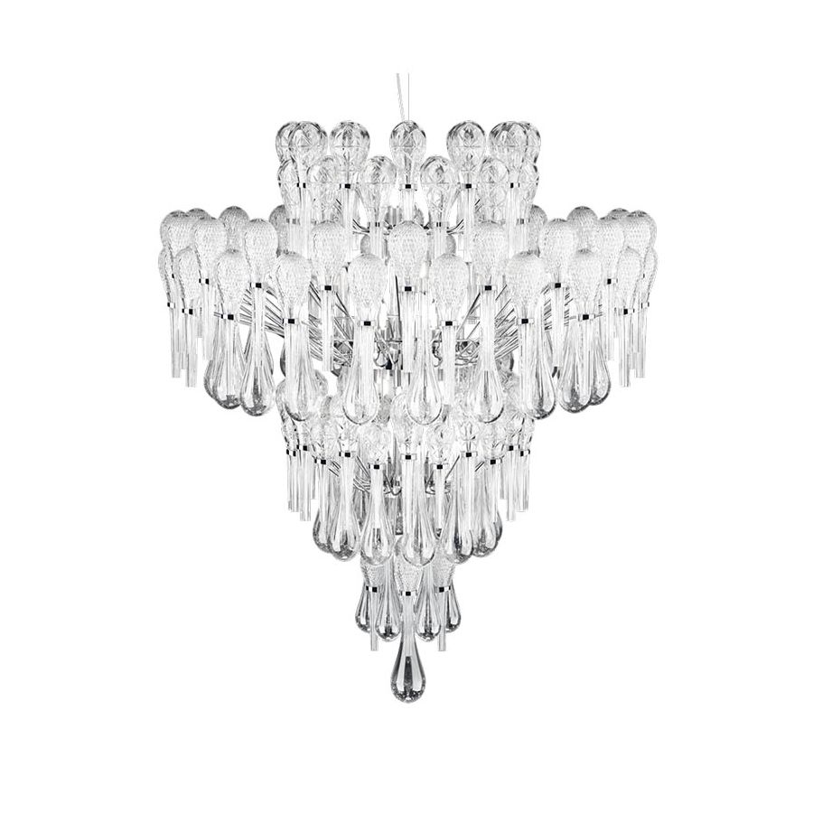 Chandelier / Shiny Nickel finish / Transparent glass / SW®E Dust pendants / cm.: 250 x 130 x 130 / inch.: 98.42" x 98.42" x 51.18"