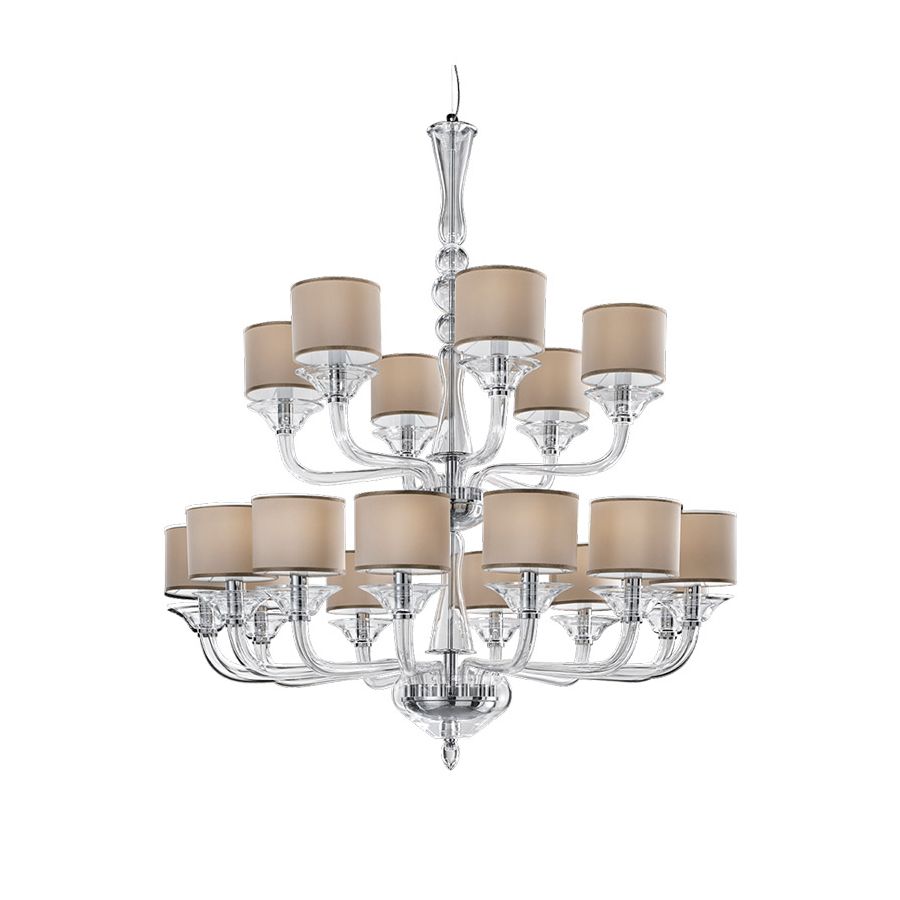 Chandelier / Chrome finish / Transparent glass / Raso-beige fabric lampshades