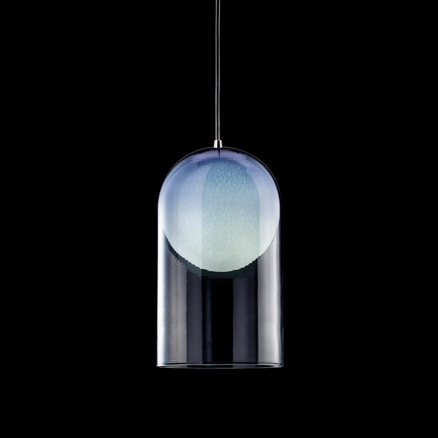 Pendant lamp / Chrome finish / Faded Blue blown glass diffuser