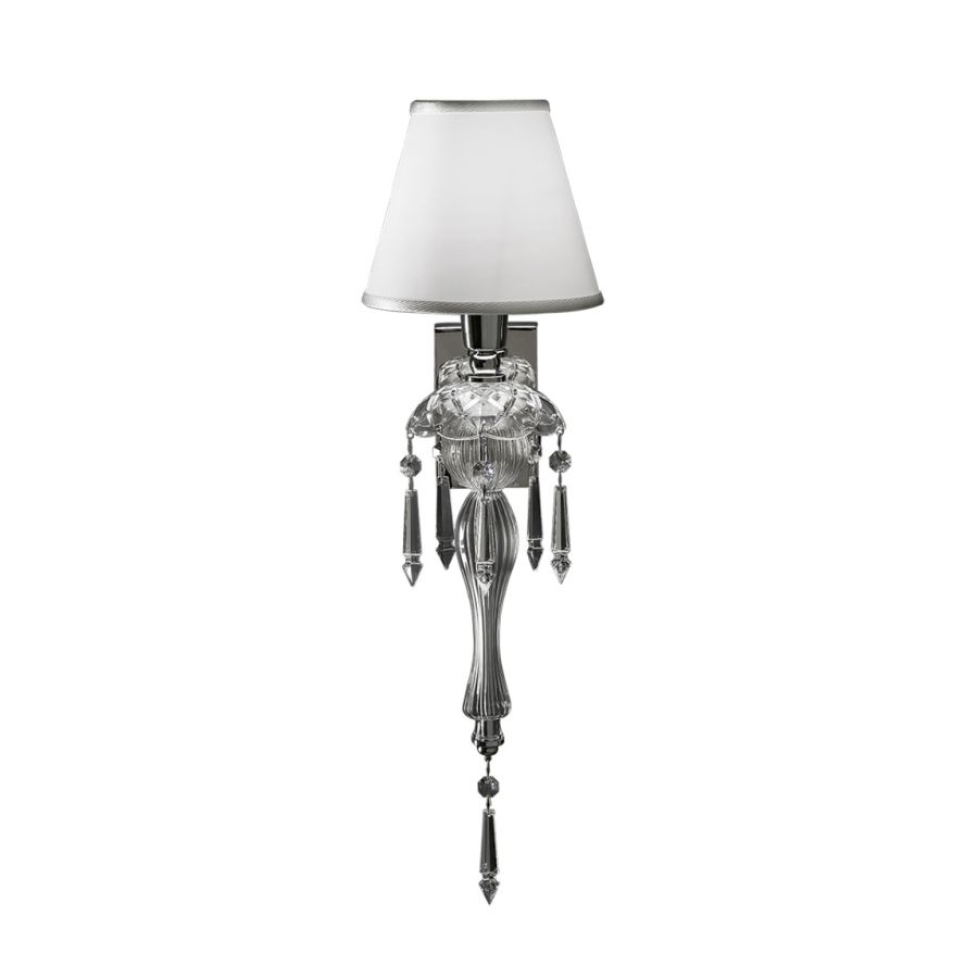 Wall lamp / Shiny nickel finish / Transparent glass / Ivory fabric shade