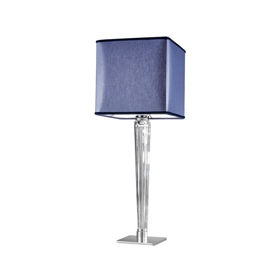 Table lamp / Chrome finish / Transparent glass / Blue fabric lampshade