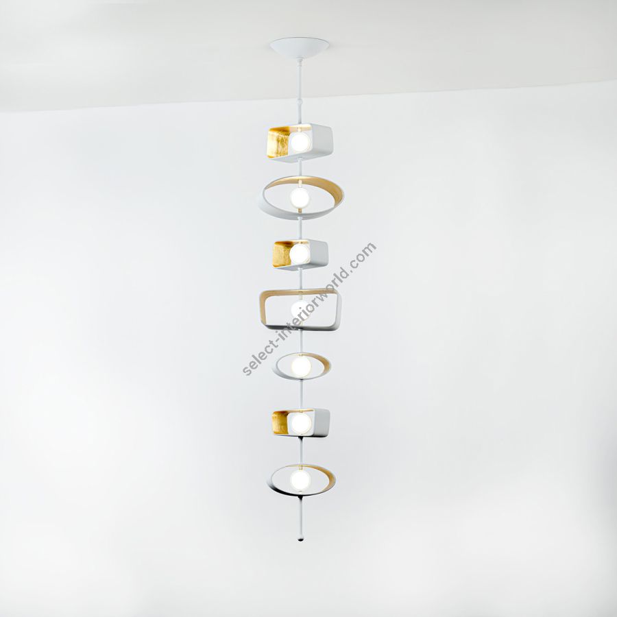 Pendant lamp / Outside Finish & Inside Finish: Cloud & 22k Yellow Gold Leaf / Cast Form Composition: Mixed (Trapezoid + Oval)