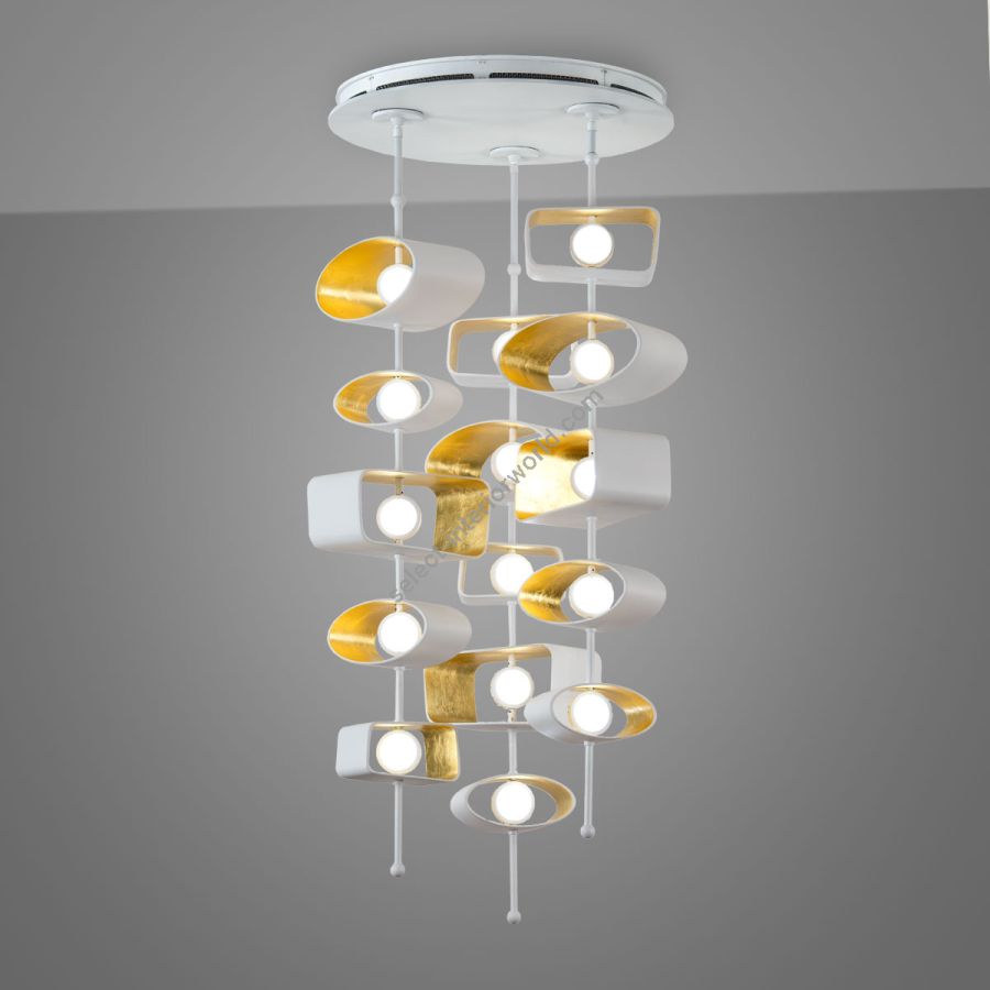 Round Pendant lamp / Finish: Cloud / Inside Shade Finish: 22k Yellow Gold Leaf / Configurations (size): 3 Stems/5 Cast Forms (cm.: 144.8 x 61 x 15.2 / inch.: 57" x 24" x 6") / Form Composition: Mixed (Trapezoid + Oval)