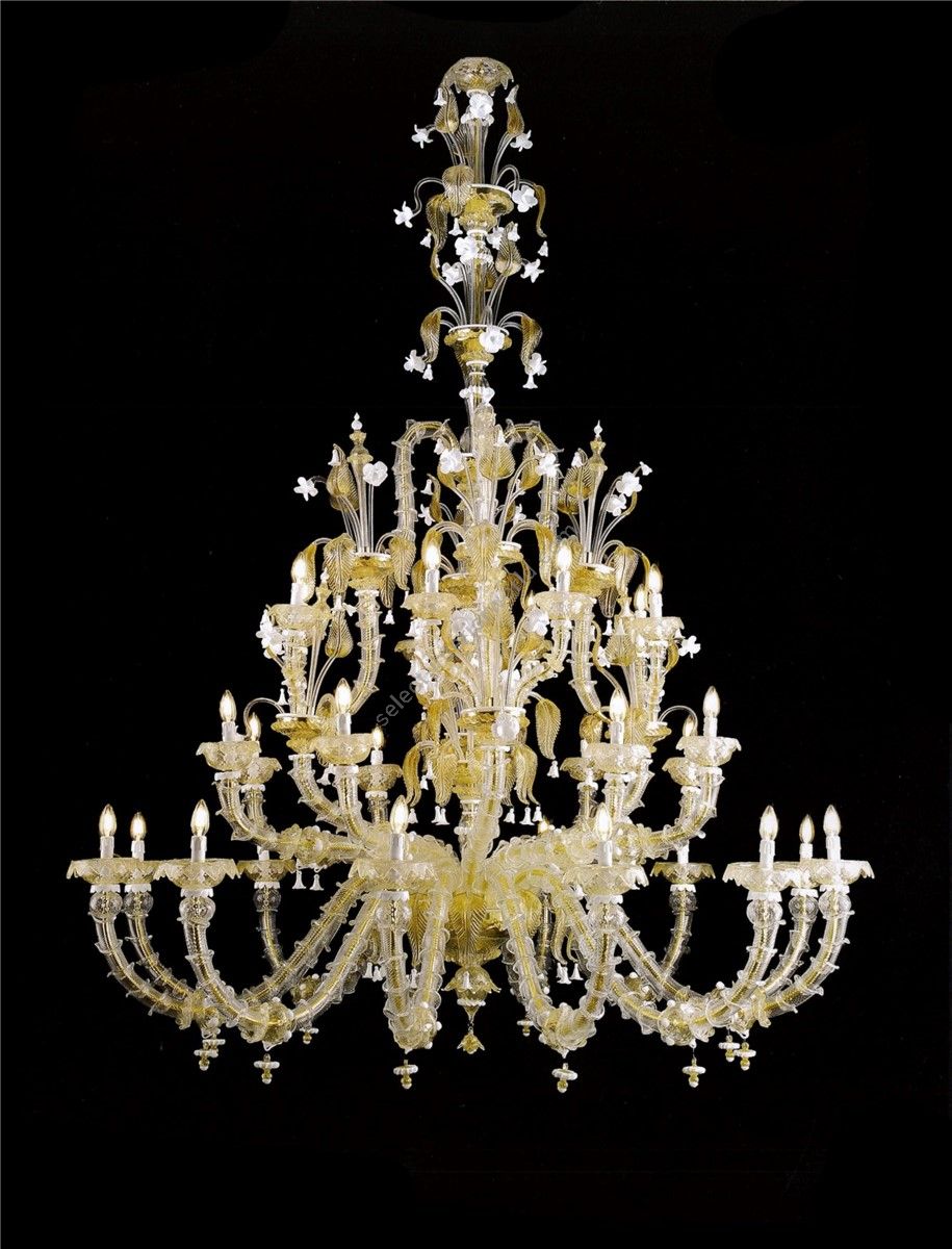Italian Luxury Lighting / Chandeliers / Venetian Glass White And Gold 28-Light V8045 028